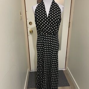 Elegant Black Halter Maxi Dress with White Polka Dots